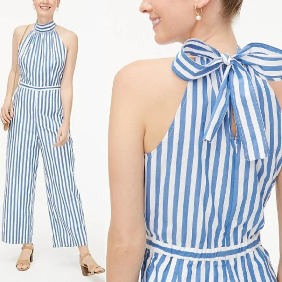 J. Crew Pants - J Crew Tie-back halter jumpsuit blue white stripe 18564